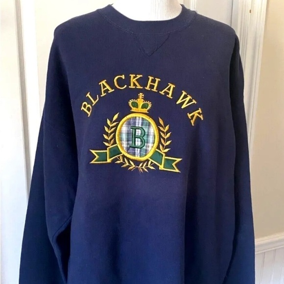 Vintage Santee Collegiate Sz XL Crewneck Sweatshirt Blackhawk Crest Seal Blue - Picture 3 of 5